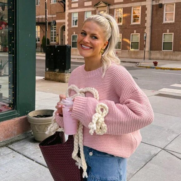 Pink Casual Women's Round Neck Bow Design Long-Sleeved Knit Sweater - Picture 8 of 10